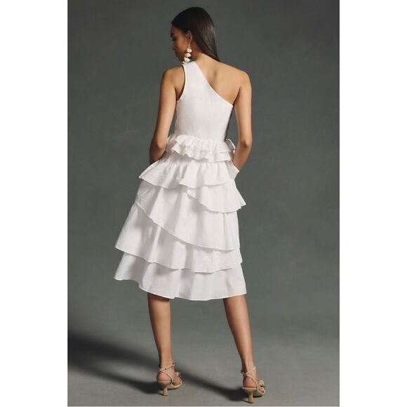 NEW By Anthropologie White One-Shoulder Tiered Ruffle Bridal Midi Dress Size 2 - Picture 4 of 5